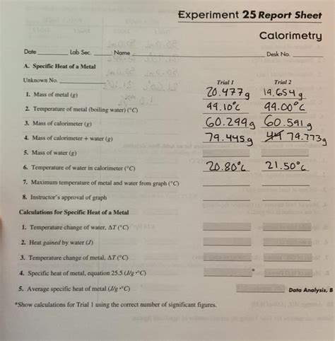 Solved Experiment 25 Report Sheet Calorimetry Date Lab Sec Chegg Com