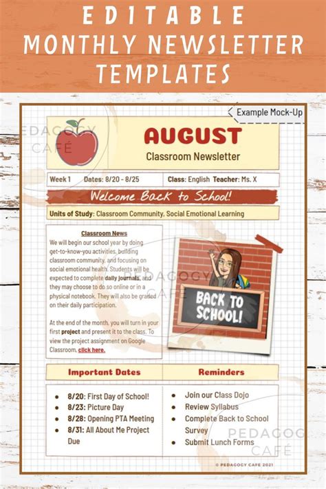 Monthly Classroom Newsletter Templates Editable Back To School
