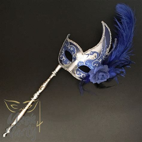 masquerade mask venetian feather w stick blue silver masquerade masks masquerade silver