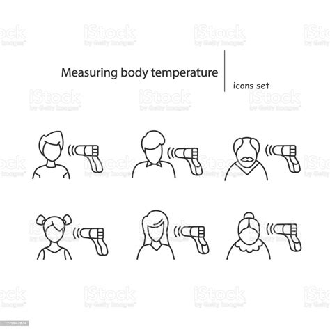 Measuring Body Temperature Icons Set Persons Heat And Covid Symptoms