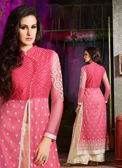 Buy Embroidered Net Designer Palazzo Salwar Kameez In Pink Online 43491