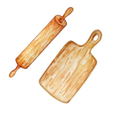 Premium Vector Watercolor Illustration Wooden Browning Rolling Pin And Kitchen Board