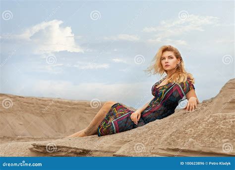 Woman Dreams In The Desert On The Sand Stock Photo Image Of Hope Bliss