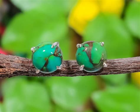 Green Copper Turquoise Earrings Sterling Silver Gemstone Stud Etsy