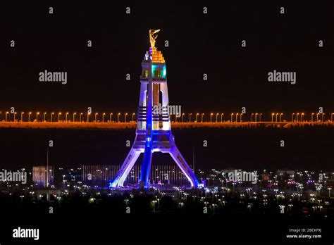 Neutrality Monument At Night In Ashgabat Turkmenistan Built With White