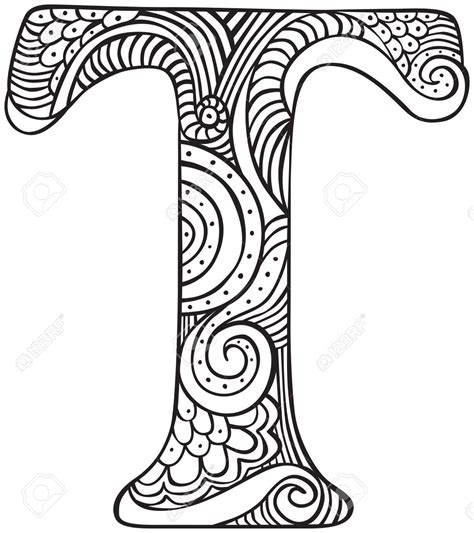 Hand Drawn Capital Letter T In Black Coloring Sheet For Adults Stock