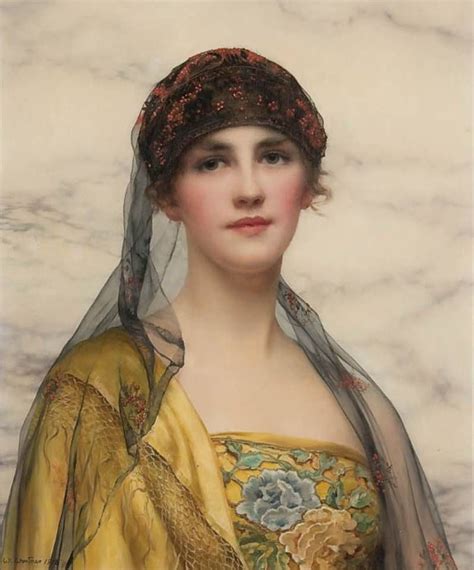 A Painting Of A Woman Wearing A Yellow Dress With A Veil On Her Head
