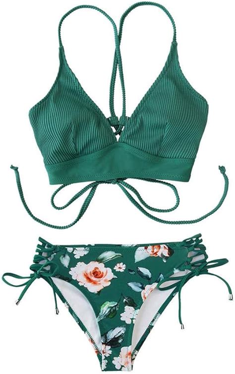 Grüne und floral Mid Taille Bikini Sets Badeanzug Frauen Sexy V