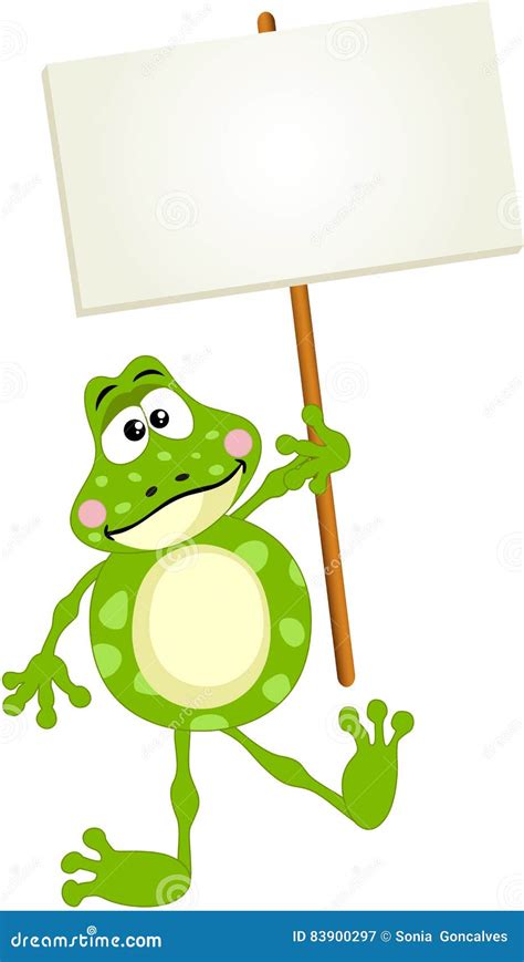 funny frog cartoon holding a blank sign stock image 73747507