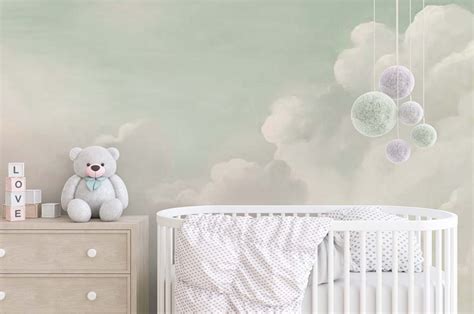 Baby Nursery Wallpaper Clouds With Mint Sky Wall Mural Etsy Cloud