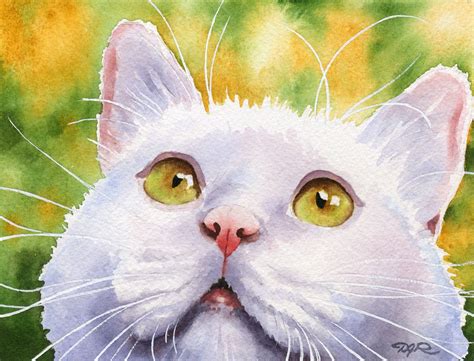 White Cat Art Print Watercolor Signed By Artist Dj Rogers
