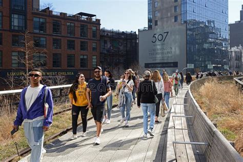 People In High Line Elevated Linear Park Rail Trail Created On Former