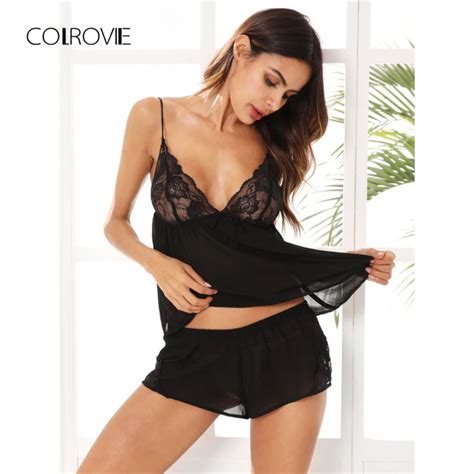 Colrovie Lace Bodice Mesh Cami And Shorts Black Pajamas Women Sexy
