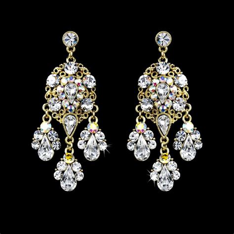 Gold Plated Clear And AB Crystal Chandelier Bridal Earrings Bridal