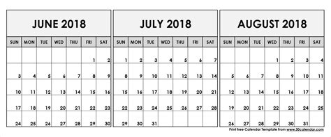 July And August Blank Calendar Template Calendar Design