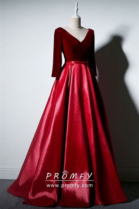 dark red velvet and red satin 3 4 sleeve formal dress evening dresses burgundy evening dress