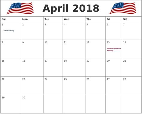 Usa April 2018 Holidays Calendar Design Holiday Calendar Calendar