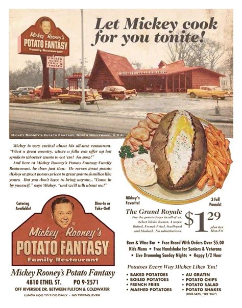 The decision has since been simplified in pro football lore as heroic, the extreme act of a warrior—or maybe just a football. Let Mickey Cook For You Tonite! Mickey Rooney's Potato Fantasy, North Hollywood California ...