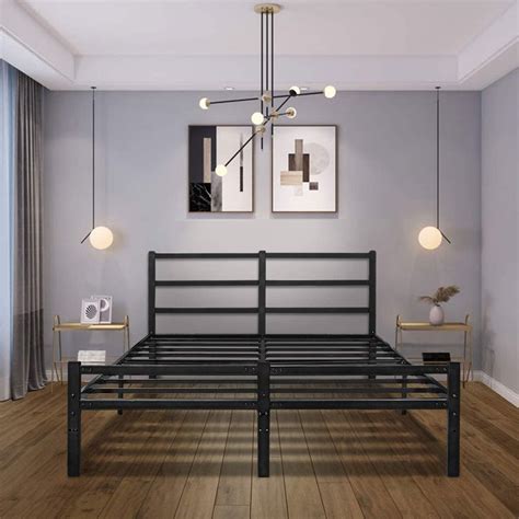Kingso 14 Black Metal Bed Frame With Headboard 1500h Steel Bed Frame With Storage Heavy Duty