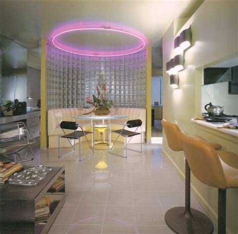 The cerulean blue painted walls are not going to cast a lovely light on any food that is what sort of interior design elements remind you of the 1980s? luxus on Tumblr