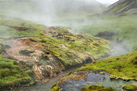 Geothermal Valley Of Hot Springs Near Hveragerdi Town Thermal River