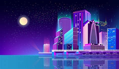 Background With Night City In Neon Lights Vector Free Download