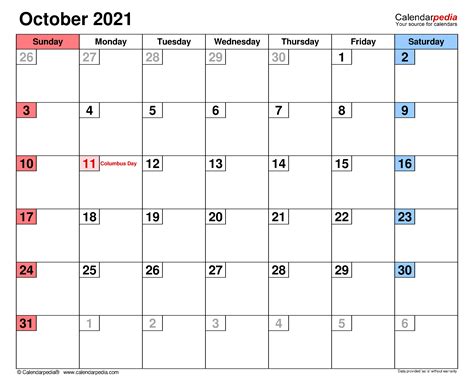 October 2021 Calendar Templates For Word Excel And Pdf