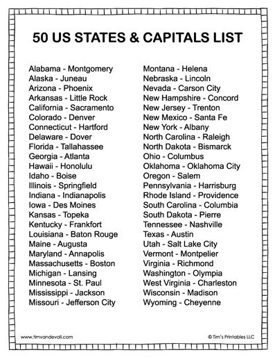 States And Capitals List Tims Printables