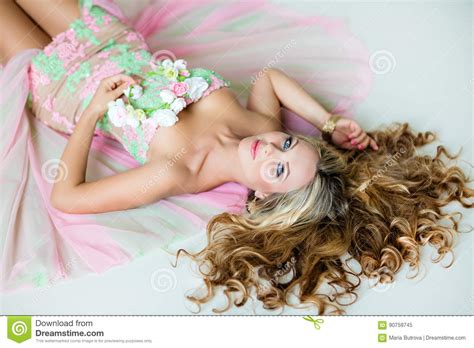 Very Beautiful Sensual Girl With Curly Blond Hair Blue Eye Stock Image