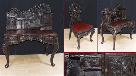Antique Japanese Desk And Chair Set Carved Hardwood 1880