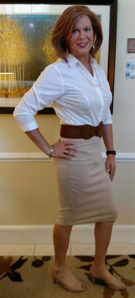 Tan Pencil Skirt White Sleeve Blouse Belt And Peep Toe Beige Pumps