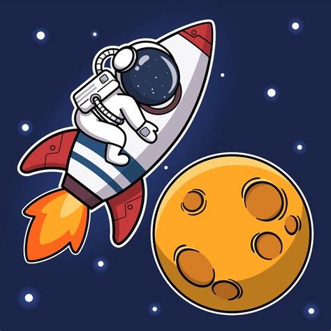 Cute Astronaut Riding Rocket To The Moon Astronaut Cartoon Rocket