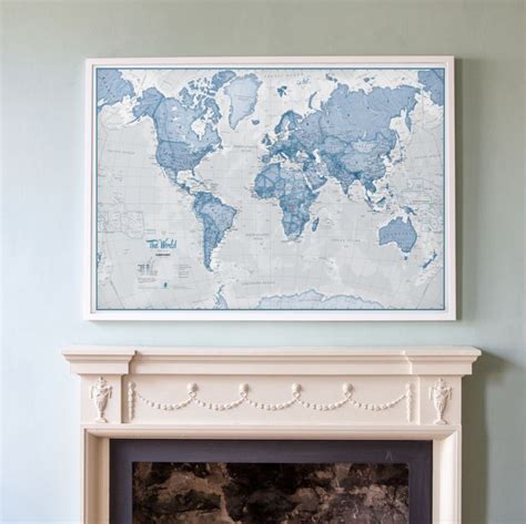 Large The World Is Art Wall Map Blue Wood Frame White