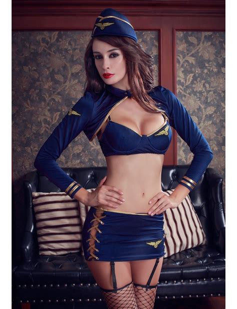 Fashion Blue Stewardess Cosplay Uniforms Sexy Woman Servant Waitress