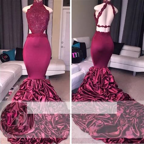 Burgundy 2019 Prom Dresses Mermaid Halter Applique Lace Backless Party