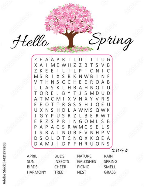 Hello Spring Word Search Puzzle With Cherry Blossom Logic Game For