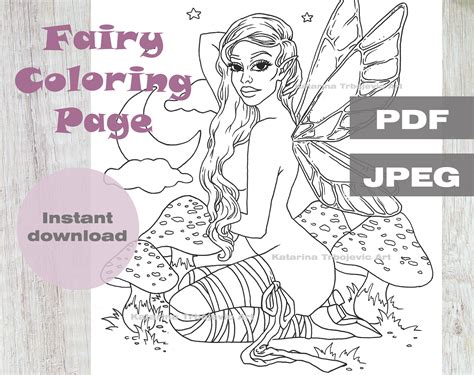 Nude Fairy Adult Coloring Page Mushrooms Moon And Stars Fantasy