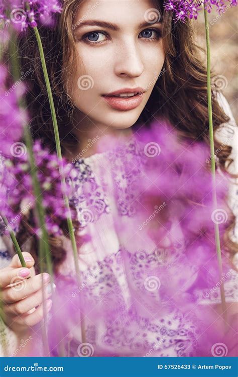 Sensual Woman Among Purple Flowers Stock Image Image Of Enjoyment