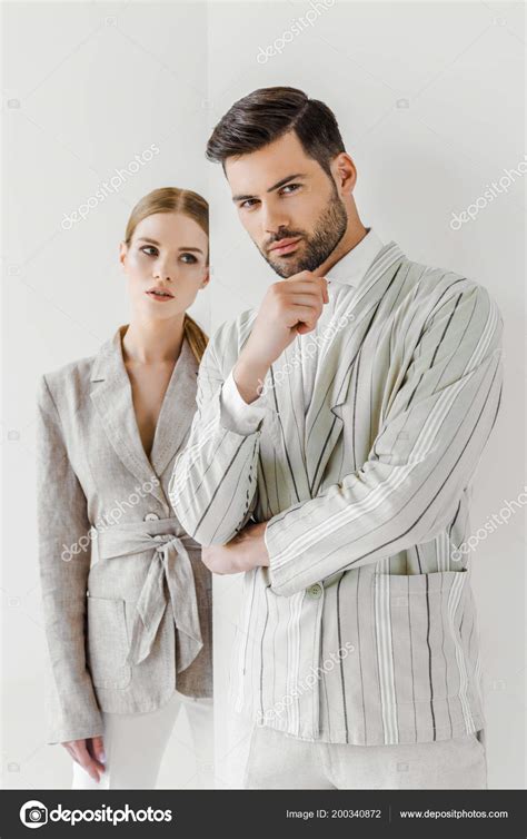 Attractive Young Male Female Models Vintage Jackets White Stock Photo