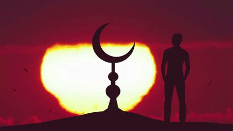 The Man Stand Near The Islam Symbol Against The Background Of Sunset