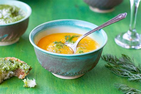 Roasted Carrot Red Lentil Soup With Carrot Top Pesto