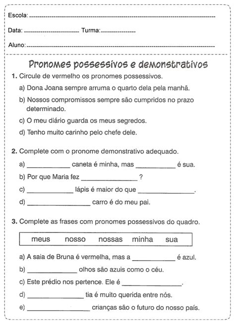 Atividades De Portugu S Para Ano Pronomes Possessivos E