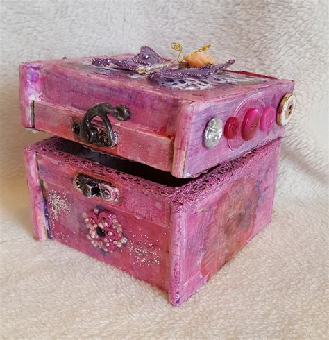 Jewelry Box For Girl Handmade Altered Wood Trinket Box Pink