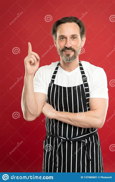 Man In Apron Confident Mature Handsome Man In Apron Red Background He Might Be Baker Gardener