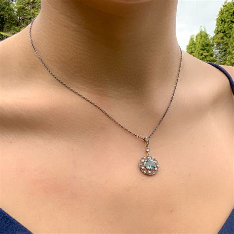 Antique Edwardian Blue Zircon Diamond Pendant Necklace Antique