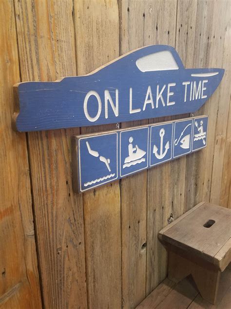 On Lake Time Engraved Wood Sign Lake House Sign Boat Dock Marina