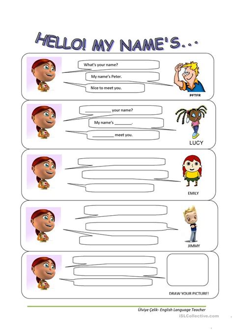 Play the mini lesson and finally the animated song from the teacher's set with lots of gestures. hello, my name's... worksheet - Free ESL printable ...