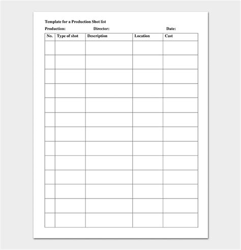 Shot List Template For Word Excel PDF Format