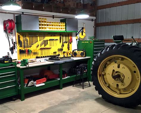 John Deere Themed Industrial Pegboard Work Bench Area For Tool Storage