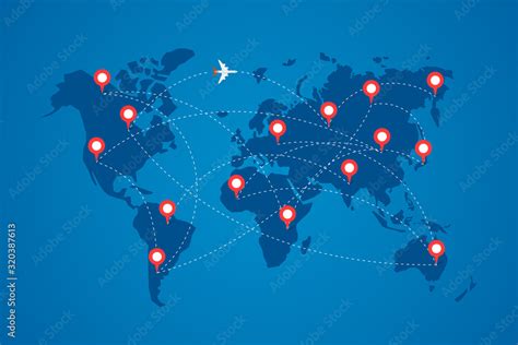 World Map With Destination Marker Pins And Plane Travel Routs Top View